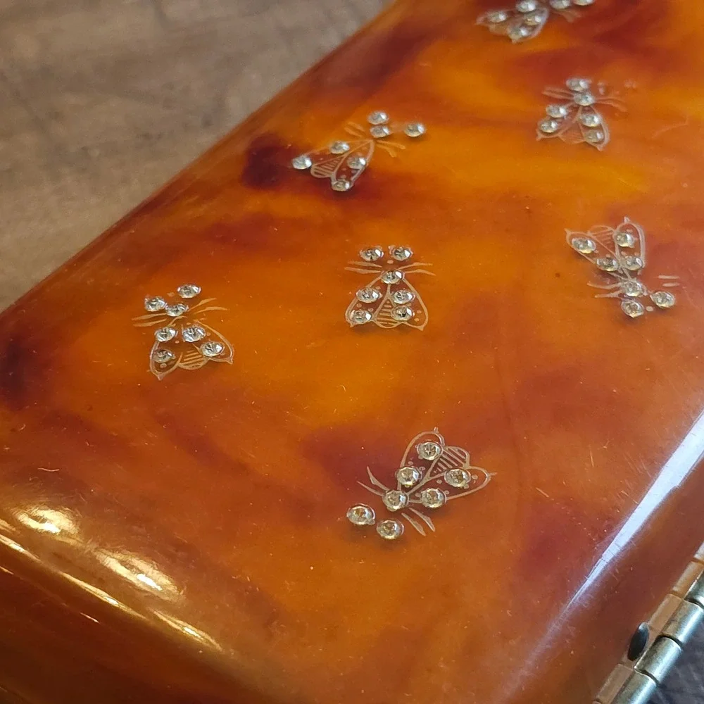 Vintage Ilene New York Faux Tortoise Shell Bee Rhinestone Lucite Clutch Bag 1950